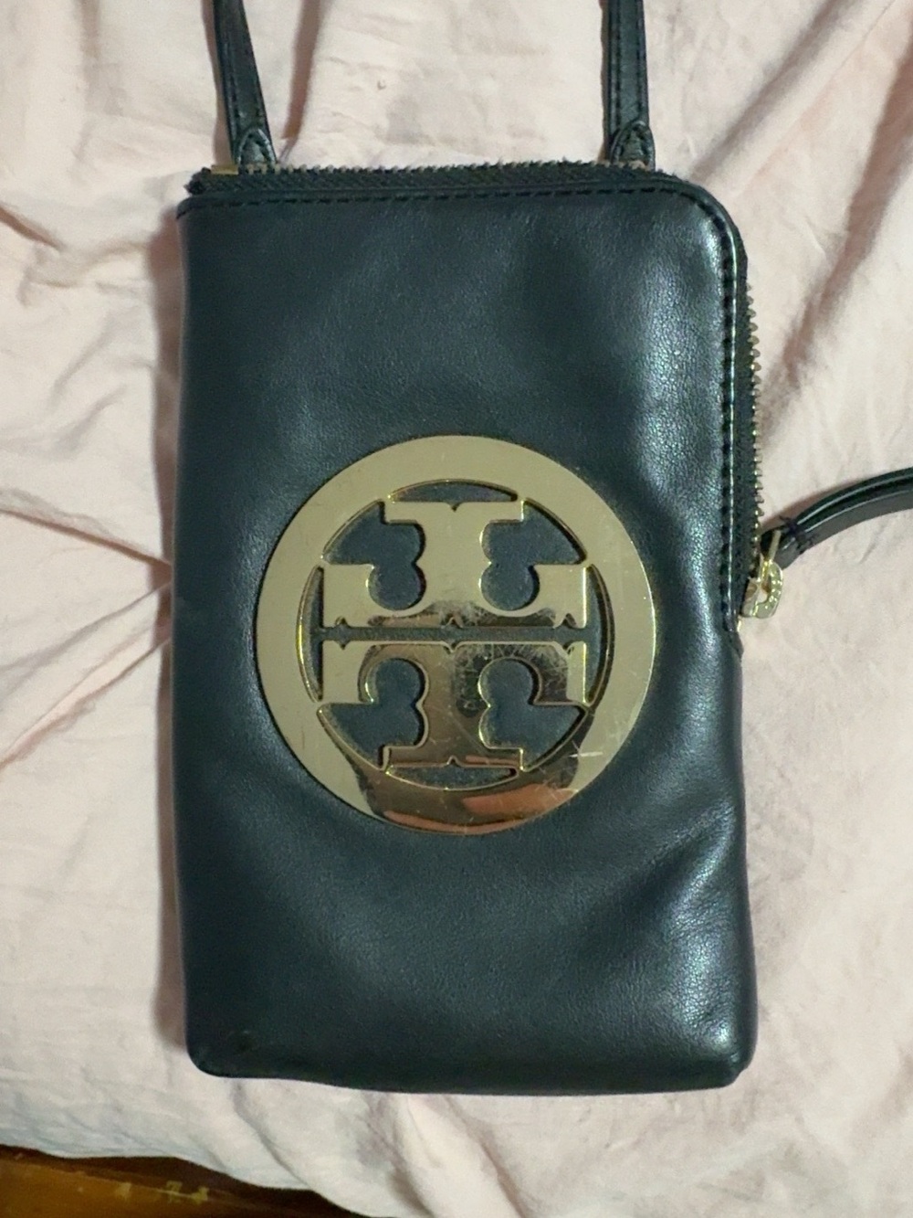 Tory Burch Black Leather Crossbody Phone Pouch with Gold Logo Plate